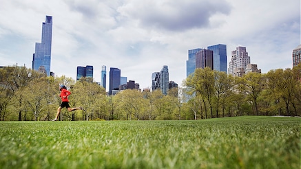 A runner in a red top jogging through a grassy area of Central Park in New York City. The foreground features a lush green lawn, while the background showcases the iconic Manhattan skyline with its towering skyscrapers.