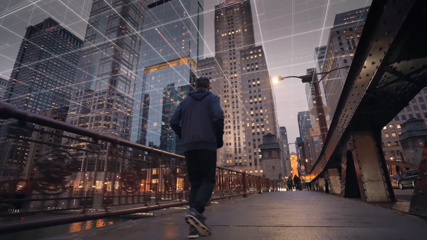 a man walking through a city in an augmented reality