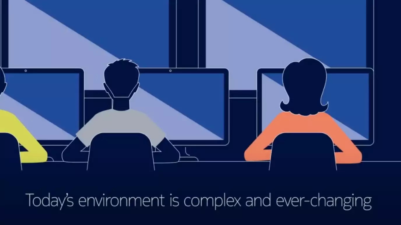 Graphic of people sat in front of computer screens. Caption: Today's environment is complex and ever-changing