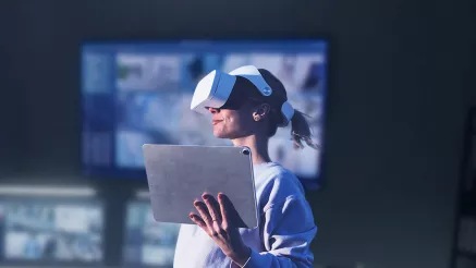 A woman wearing a virtual reality headset with screens in the background.