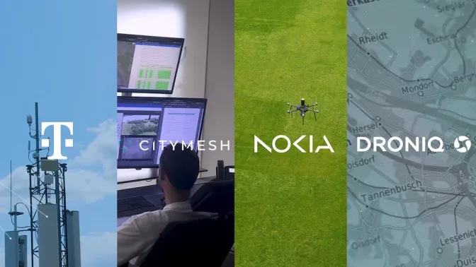A thumbnail with four different logos - Deutsche Telekom's, Citymesh's, Nokia's, and Droniq's.