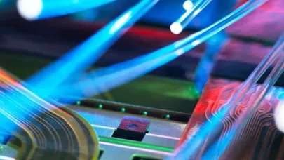 A close-up colourful image of optical fibre cables.