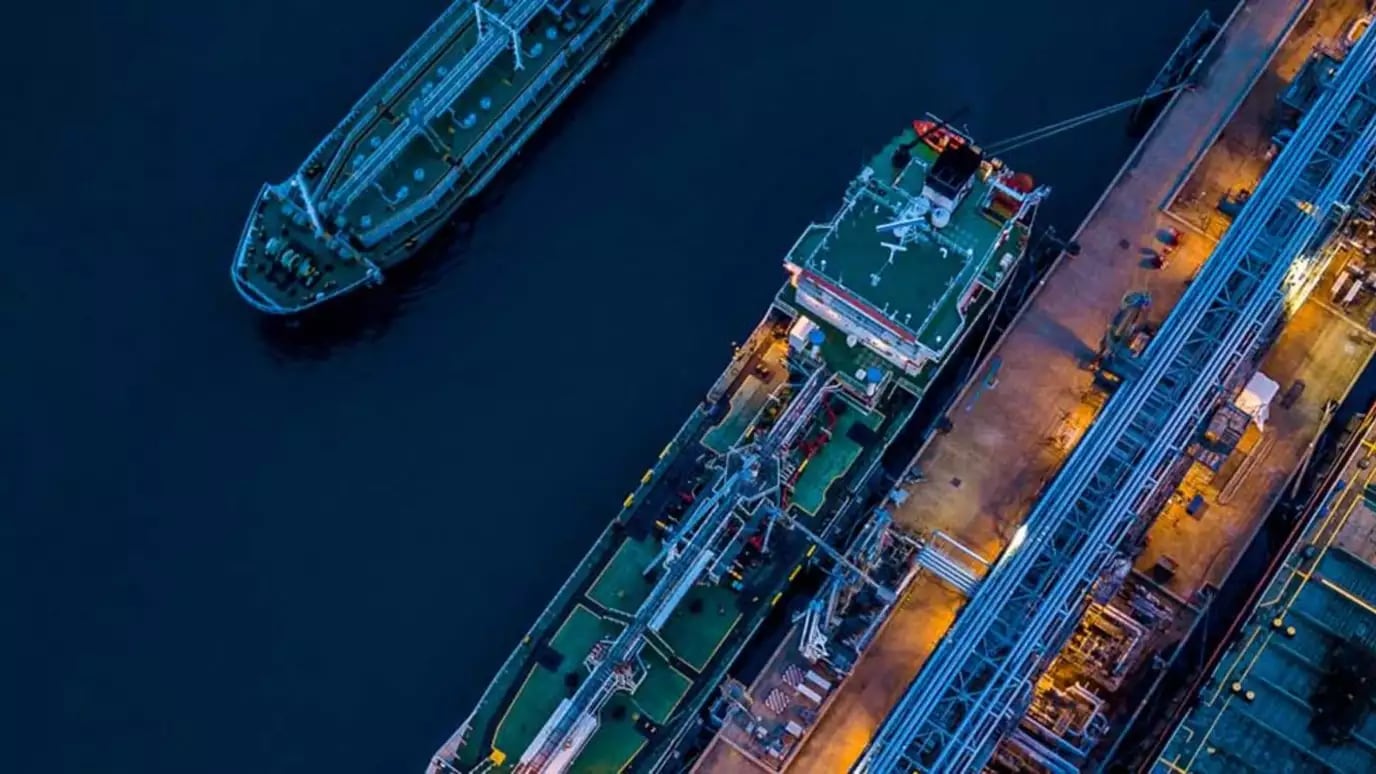 Overhead view of freight ship loaded with containers
