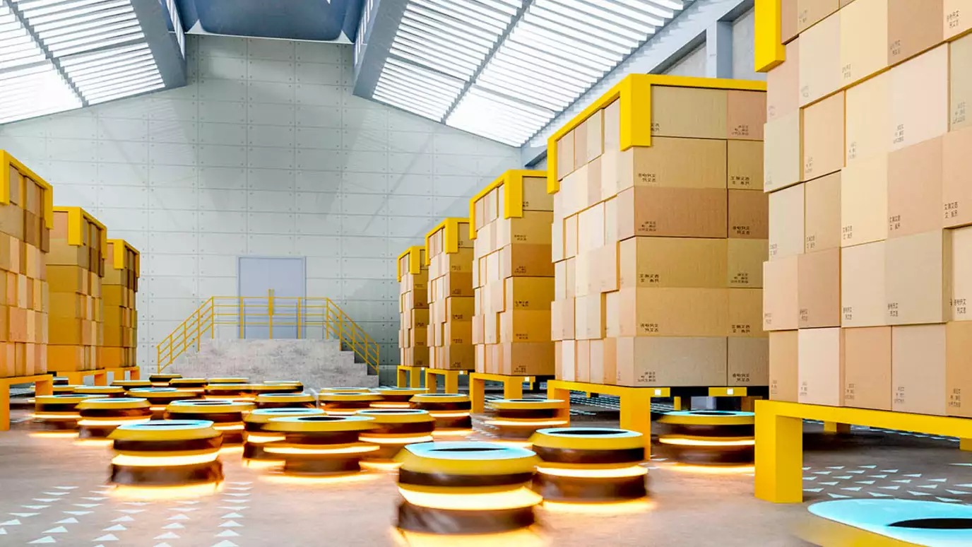 Inside warehouse with stacked palettes of boxes