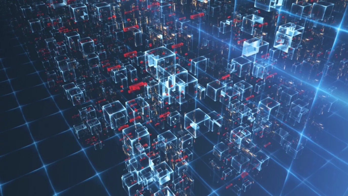 A futuristic abstarct image of blue cubes in a blue grid.
