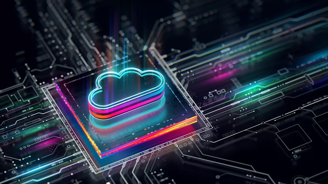 Cloud icon on silicon chip on circuit board