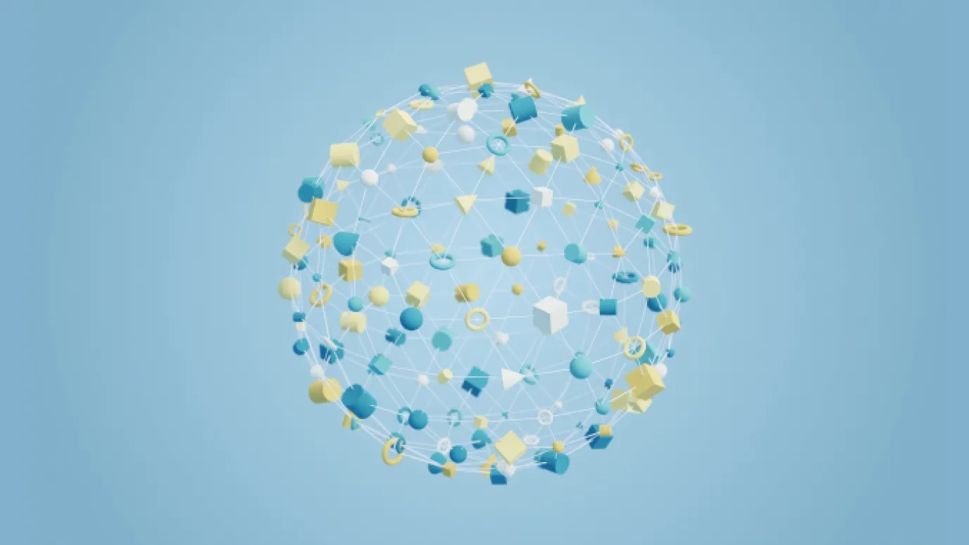 Image of a sphere shaped network connecting lines with geometric forms