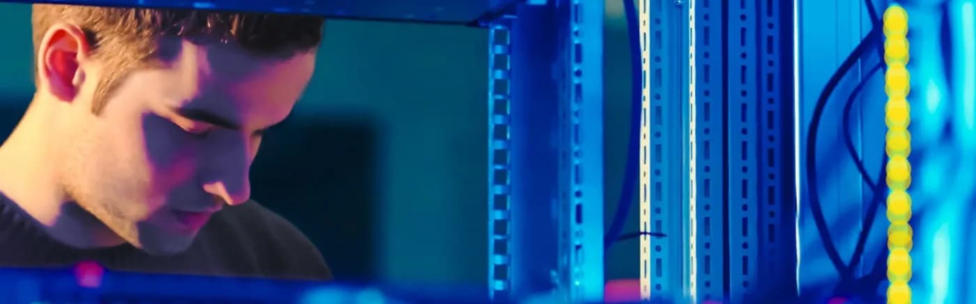 Engineer looking into server rack