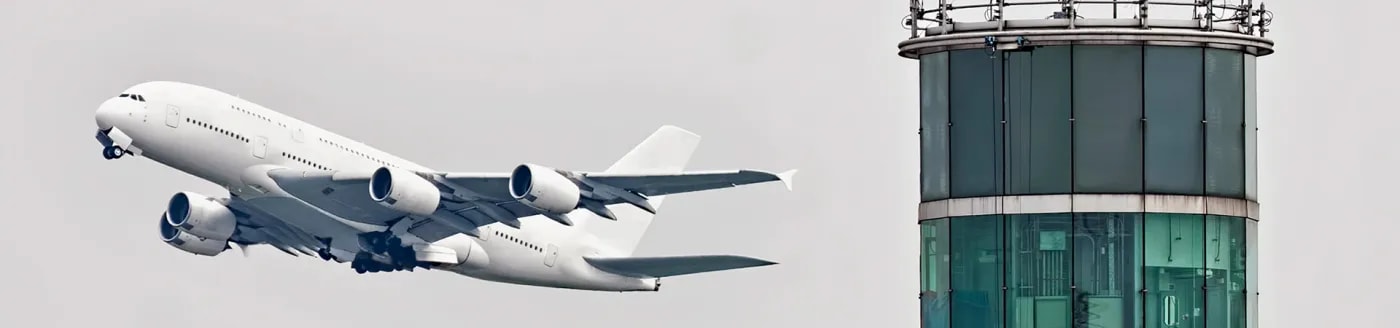 Passenger jet flying past air control tower