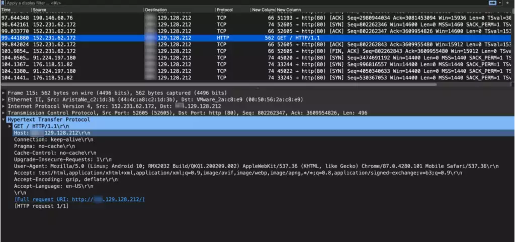 Figure 2. A snapshot from the Wireshark tracing tool of a botnet DDoS attack