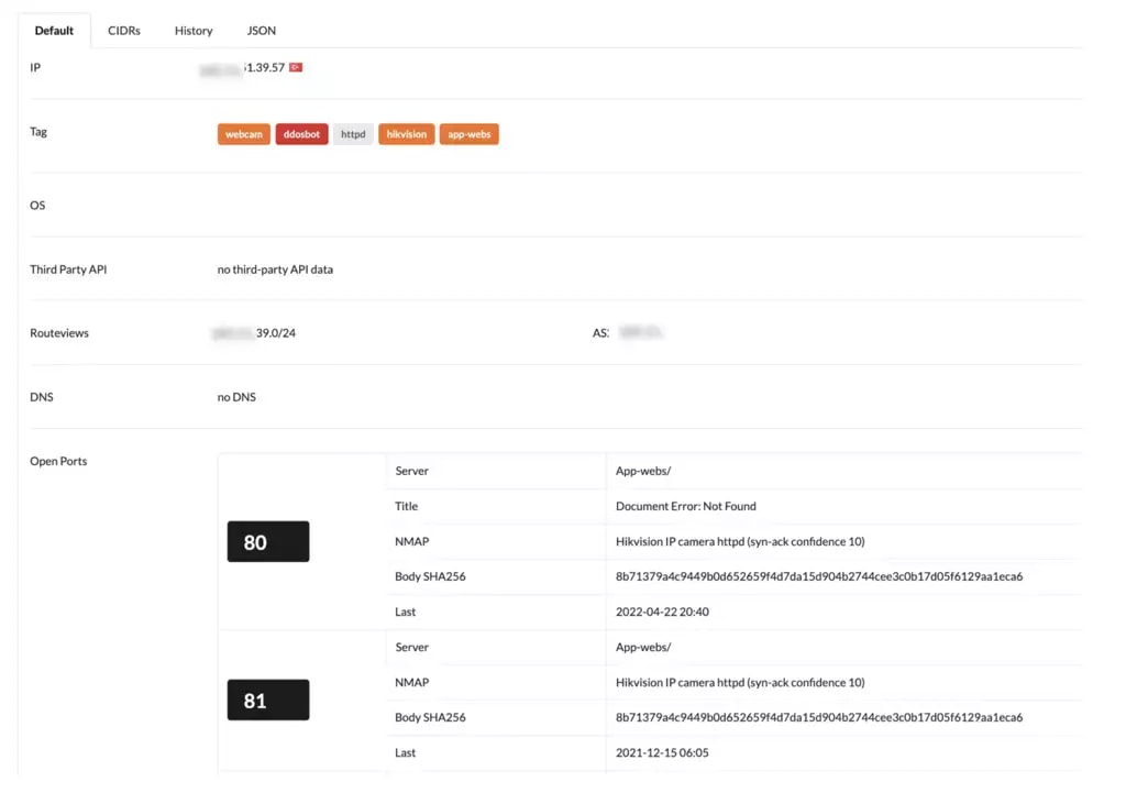 Figure 4: Deepfield Secure Genome identifies 185.51.39.57 as Hikvision model 7513