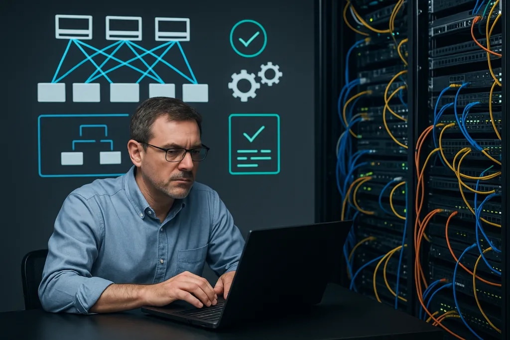 Man working on his laptop in a server room