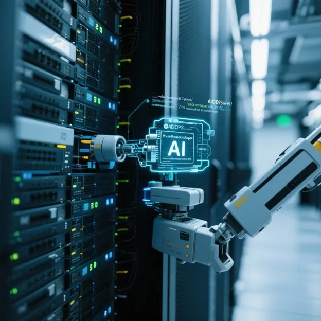 Robotic arm maintaining AI server hardware in modern data center with digital hologram interface