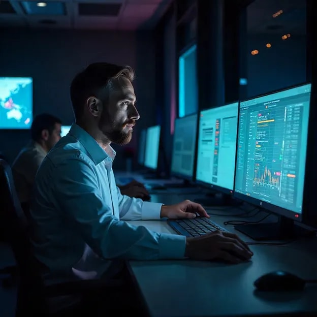 Man analyzing cybersecurity data on multiple monitors in a dark operations center, ensuring IT security and network protection.