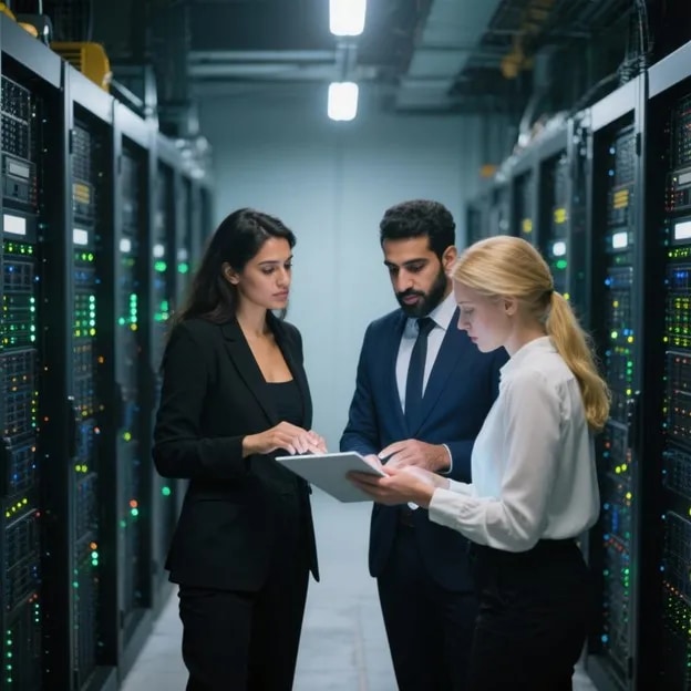 Team of IT professionals discussing data security strategy in a modern server room with network racks.