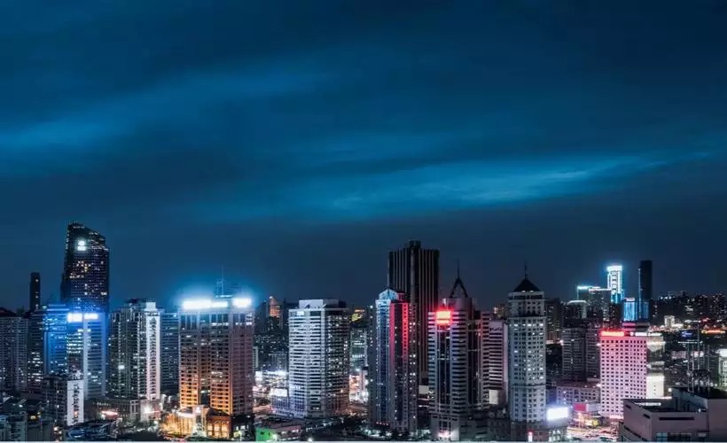 Lit skyscrapers at night