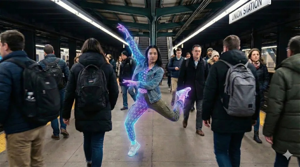 Subway station platform where a dancer represented with part mesh framework, performs as commuters rush by