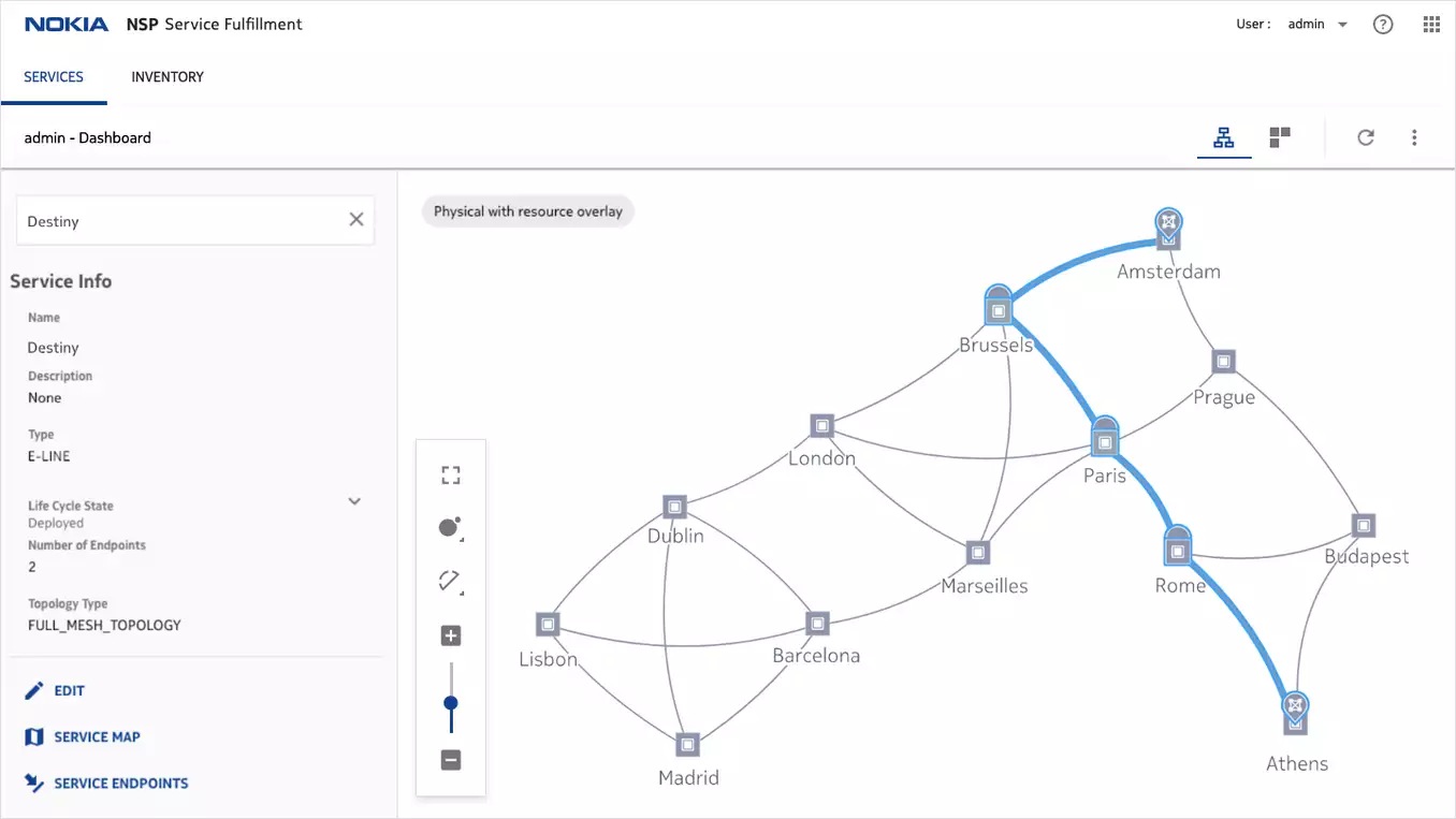 NSP Service Fulfilment – physical topology with resource overlay
