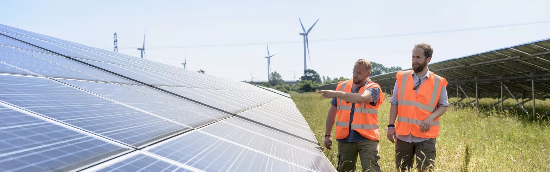 Two workers inspecting a solar farm