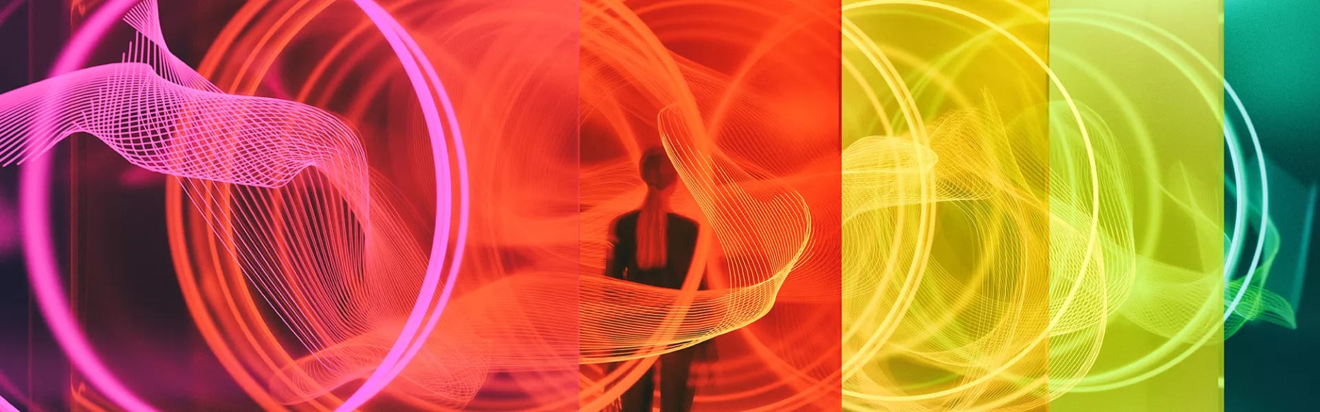 An abstract image showing a person walking away from the camera amidst colourful swirls.
