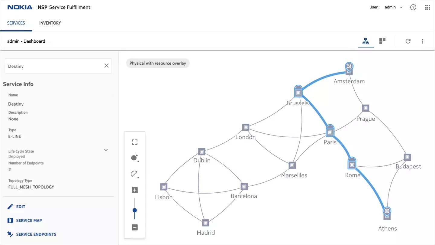 NSP Service Fulfilment – physical topology with resource overlay