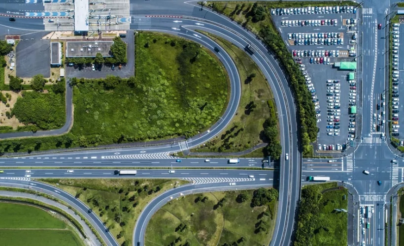 Aerial image of roads and fields