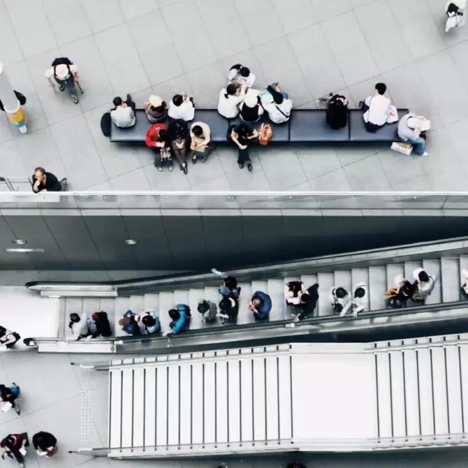Aerial image of people at a center