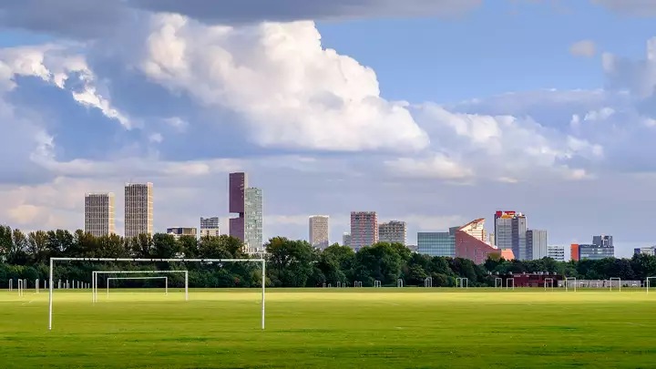 sports fields with neighbourhoods in the background
