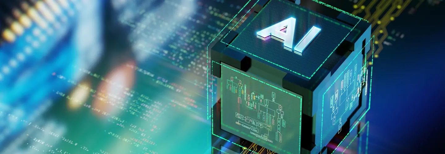 AI cube on code background