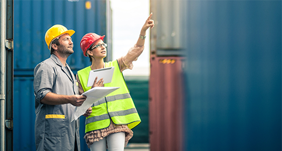 Shipyard workers analysing cargo crates